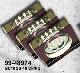 Ein Set aus drei Candellux SS-16 GU10-LED-Leuchten mit einer LED-Glühbirne, Chrom und violettem Glas