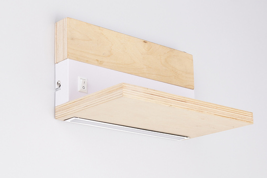 A wooden + white wall lamp with a 4000k led shelf