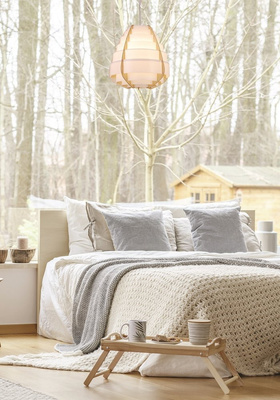 Pendant lamp NAGOJA in Japandi style white beige shade made of plastic and wood Scandinavian living room lamp E27