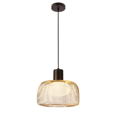 Pendant lamp Sopra 32 black gold with wire shade over table