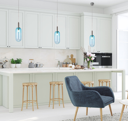 Hanging lamp FIUGGI blue with long glass shade modern LED lamp over table and for living room