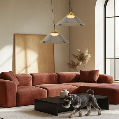 Pendant lamp Presto 42 glass gold with smoked shade over table GX53