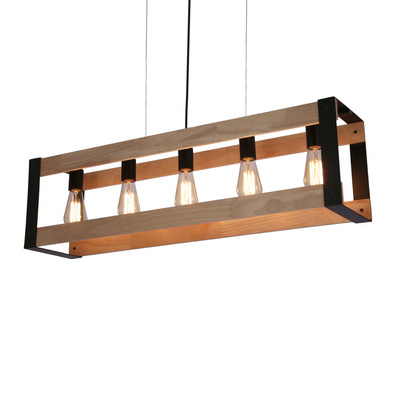 Suspension métal noir + bois 5x40W E27 Varna 35-79282